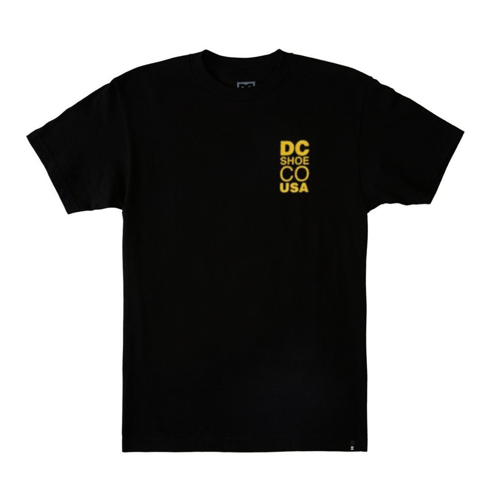 DC T-shirt Men Black Yellow Back Impression Stacks Various Size New With Tags